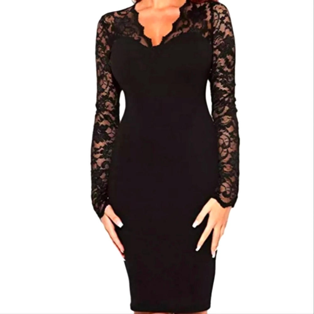 NWT Miusol Black Jersey Illusion Lace Yoke Long Sleeve Sheath Party Dress, S